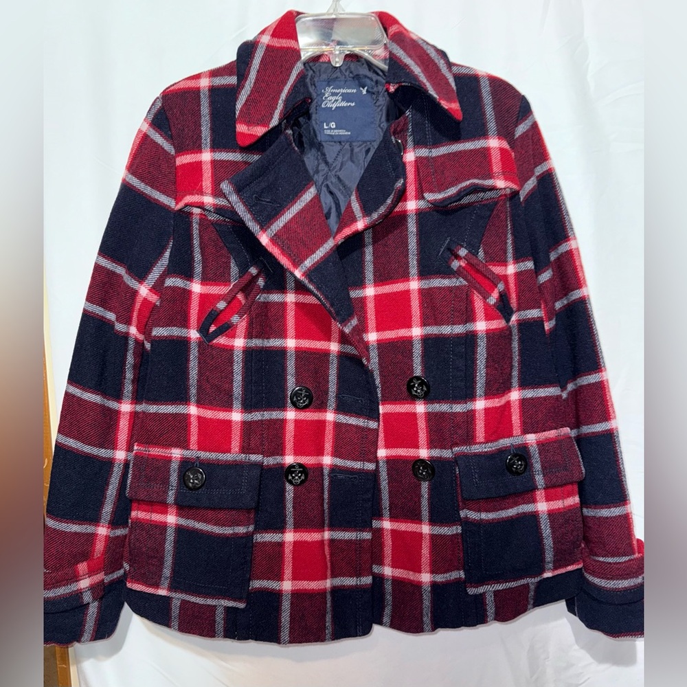 American Eagle Plaid Wool Blend Peacoat Jacket Red Navy Size Large